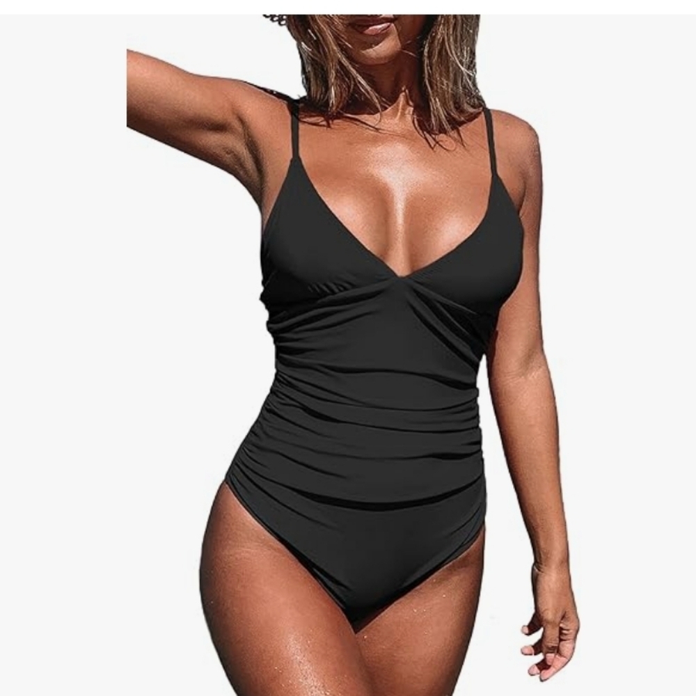 Cupshe One Piece Swimsuit Tummy Control‎ V Neck Bathing Suit Black Sz S